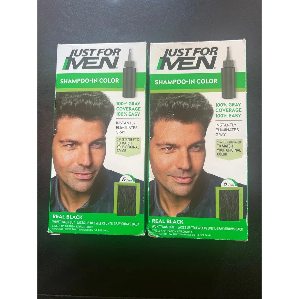 Lot of 2 Just For Men Shampoo-In Color Real Black H-55 Mens Hair Dye 5 Min Kit
